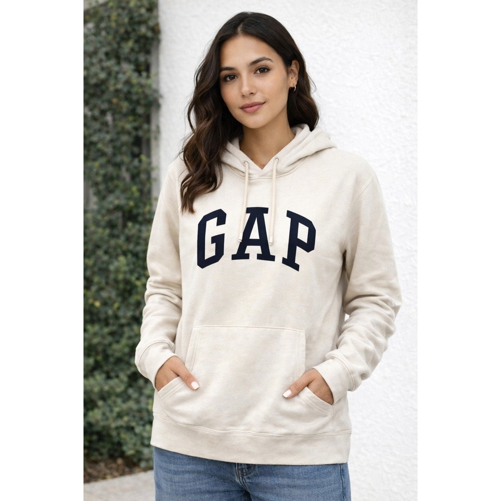 GAP beige‎ hoodie embroidered logo classic women's size M